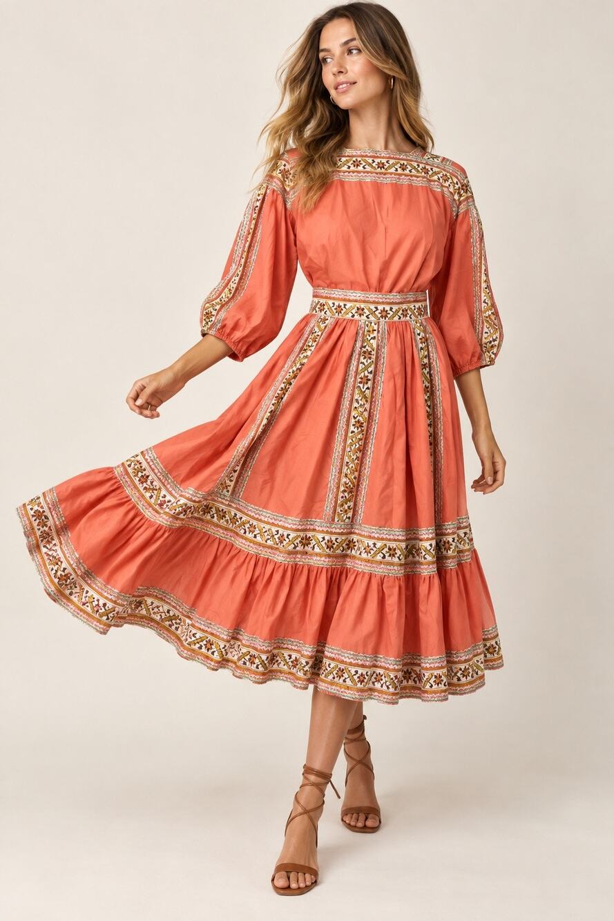 Vintage Desert Flower Originals Albuquerque Coral Folk Prairie Dress L Boho 70s